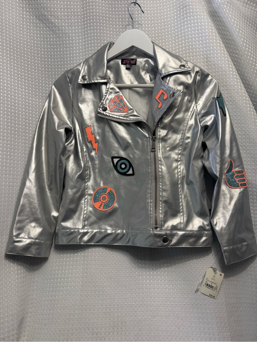Nickelodeon Silver Metallic Moto Jacket with Colorful Patch Accents